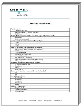 Orthopaedic Surgical Table Checklist